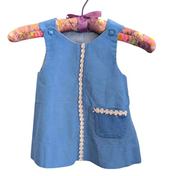 Girls‎ Vintage Blue Corduroy Eyelet Trim Dress - Picture 1 of 6